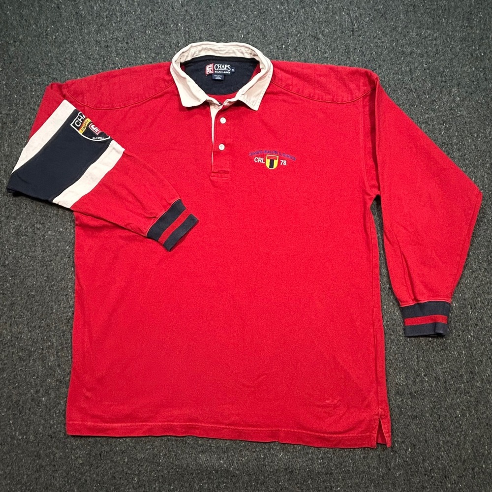 Chaps Ralph Lauren Rugby Shirt XL Men Red Preppy Vintage CRL 78 Crest Patch Long